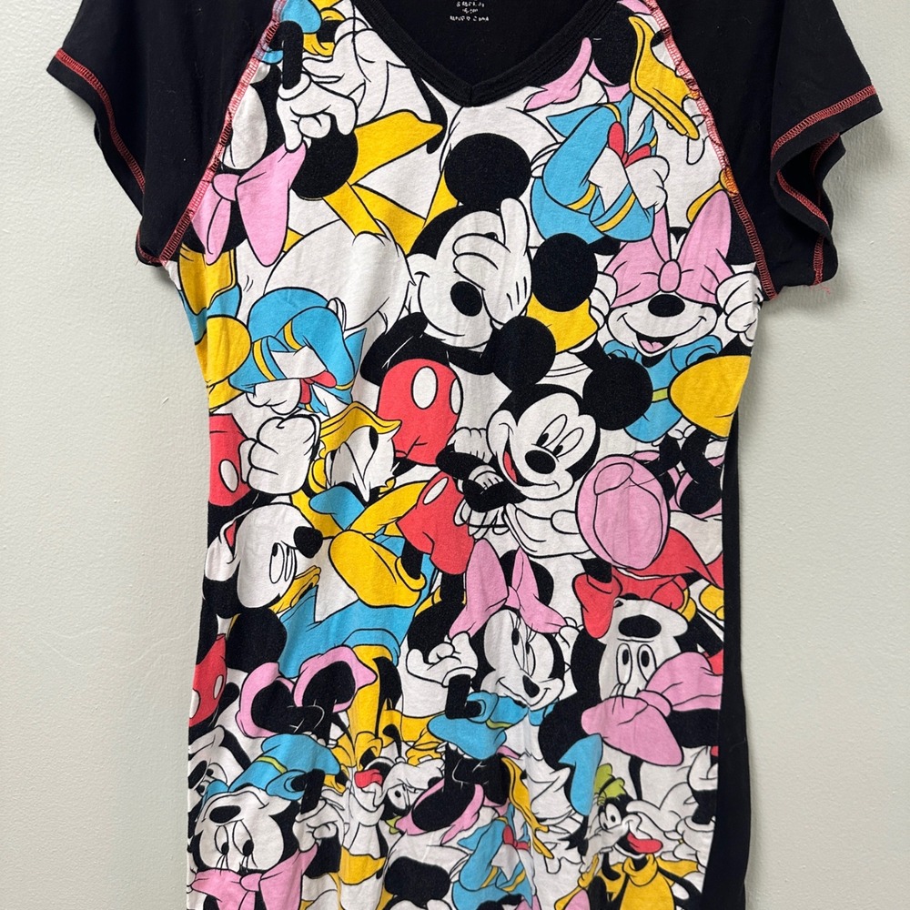 Disney Parks Mickey Minnie Donald Duck All Over Print V-Neck Sleep Shirt - Picture 2 of 4
